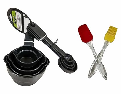 Gade Measuring Cups & Spoons Set, 8 pieces, Black with Free Silicon Brush & Spatula