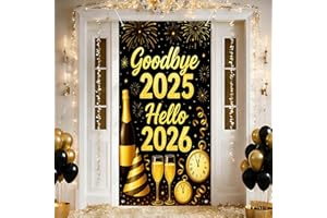 BlissYard Goodbye 2025 Hello 2026 Door Cover 71x35 Inch Front Porch Door Decorations, Black Gold New Year Banner with Champagne Fireworks for Indoor Outdoor Entryway Decor