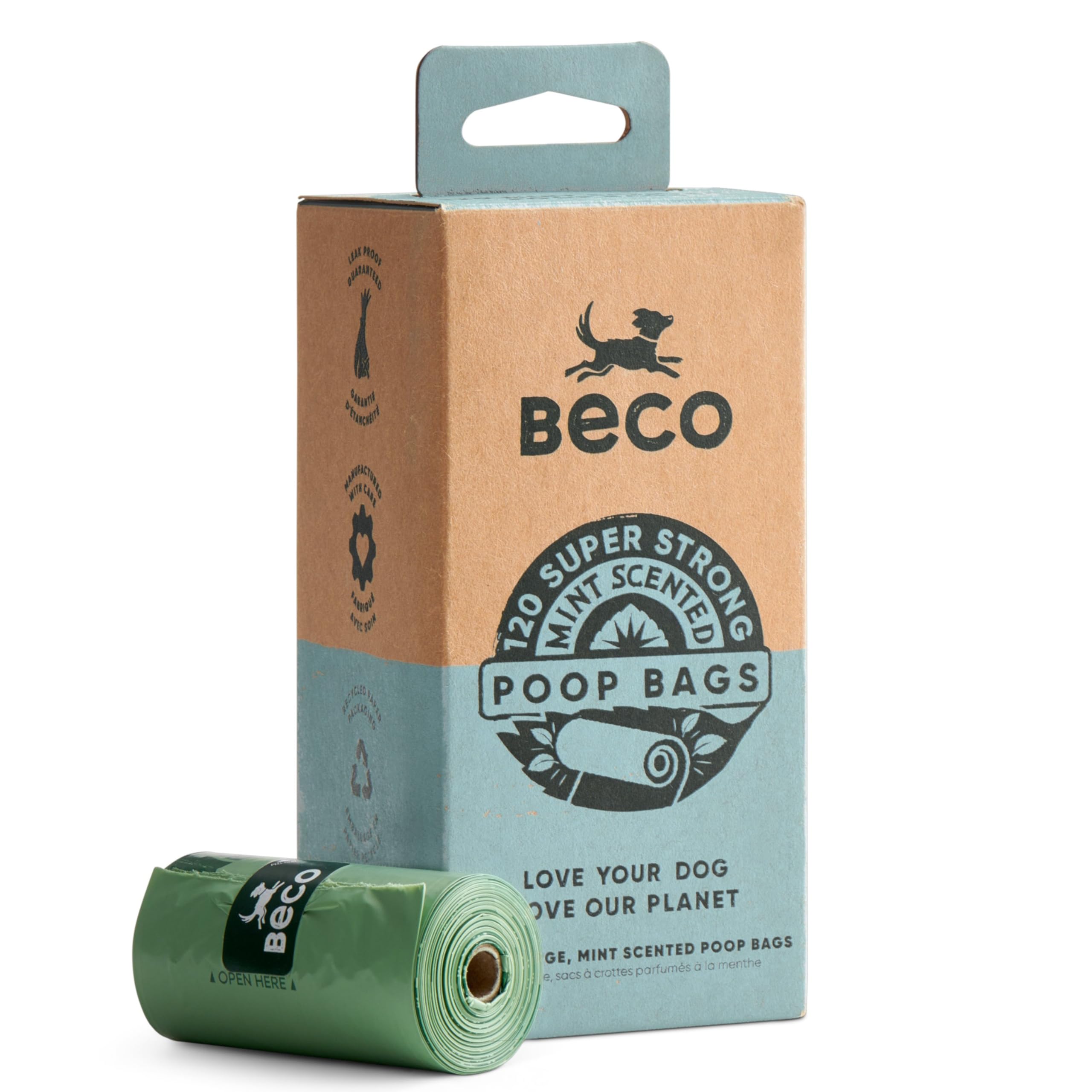 Beco Dog Poo Bags - Strong, Leakproof & Large - 100% Recycled Plastic, Extra Thick Dog Poop Bags, Heavy Duty - Mint Scented Refill Rolls, 120 Count
