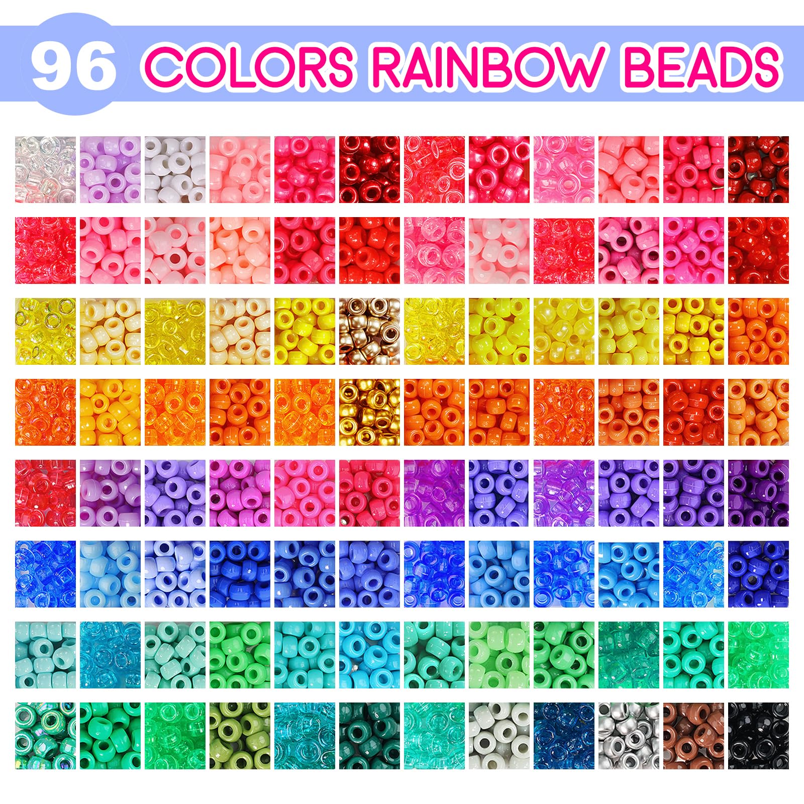 Redtwo 96 Colors Pony Beads for Bracelet Making Kit, Rainbow Kandi Beads Bulk Hair Beads Friendship Bracelet Kit, Craft Gifts Set for Girls