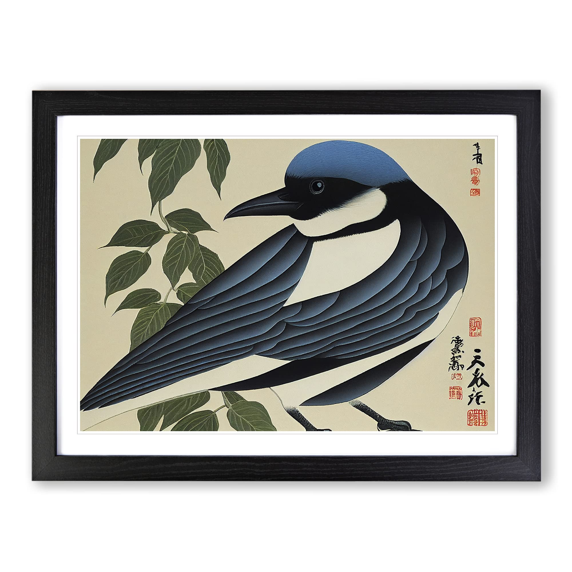 Magpie Bird Japanese Framed Print | A4 Black Framed Wall Art | Ready to Hang | Asian Nature Picture | Living Room Bedroom Lounge Office
