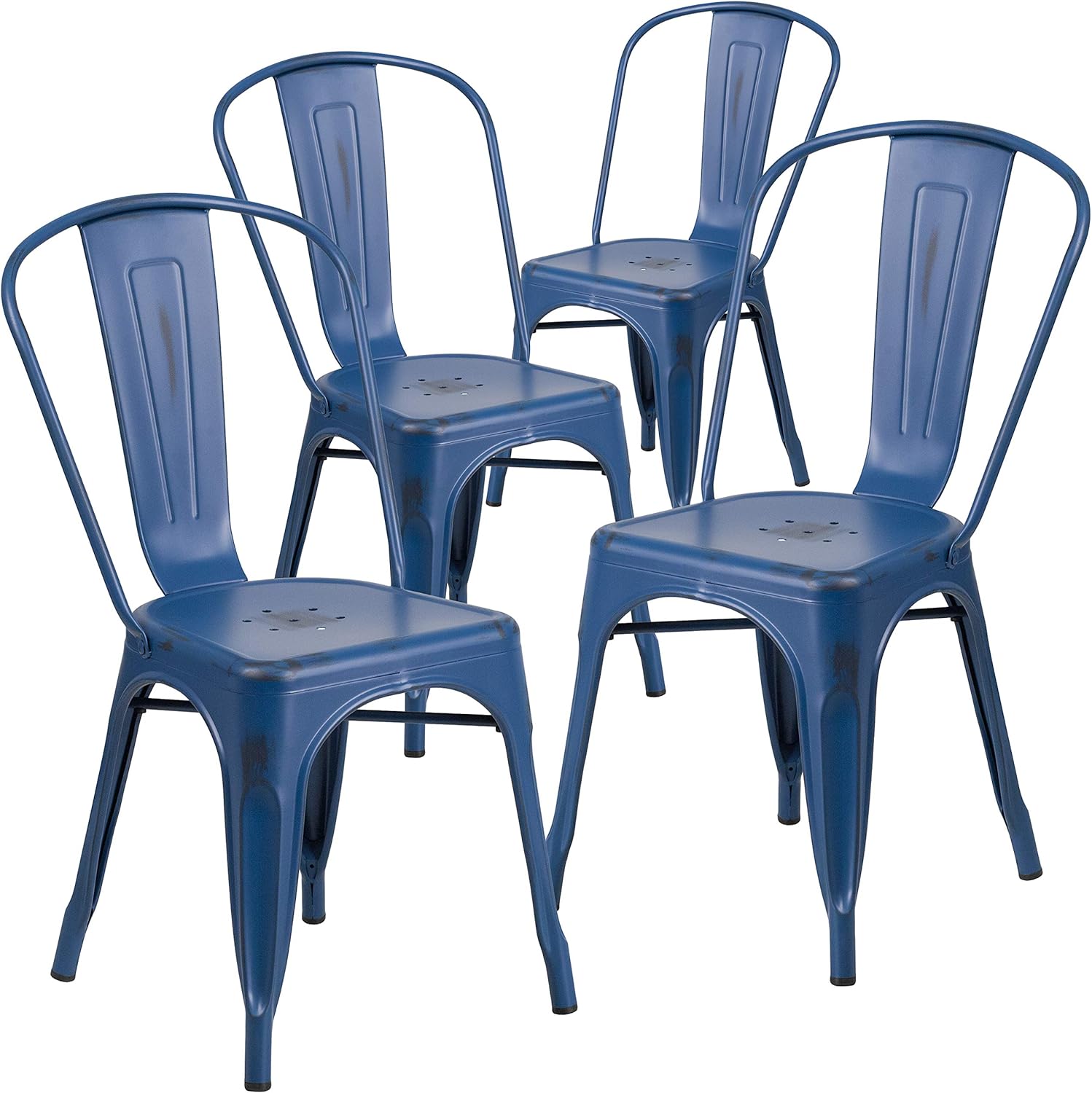 Flash Furniture Commercial Grade 4 Pack Distressed Antique Blue Metal Indoor-Outdoor Stackable Chair: Garden & Outdoor