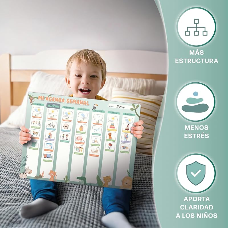 ® Planeador semanal para crianças - Quadro magnético Montessori com um design bonito que inclui 196 ímanes e uma caneta - Jogos educativos a partir dos 3 anos - Calendário infantil — foto 5 de 7