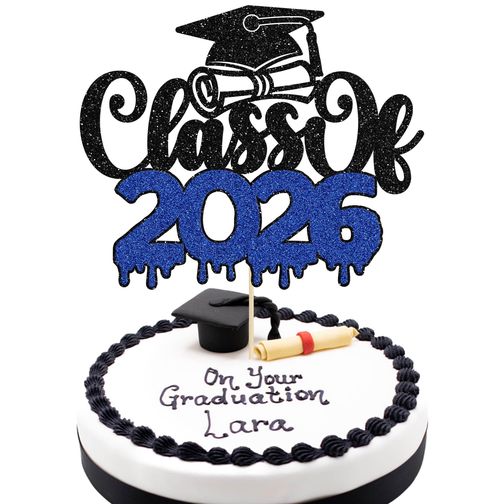 1Pc Class of 2026 Cake Topper Glitter Congrats Grad Cap 2026 Graduation Cake Pick for 2026 Graduation Theme High School Boys Girls Graduate Party Cake Decorations Supplies Black Blue
