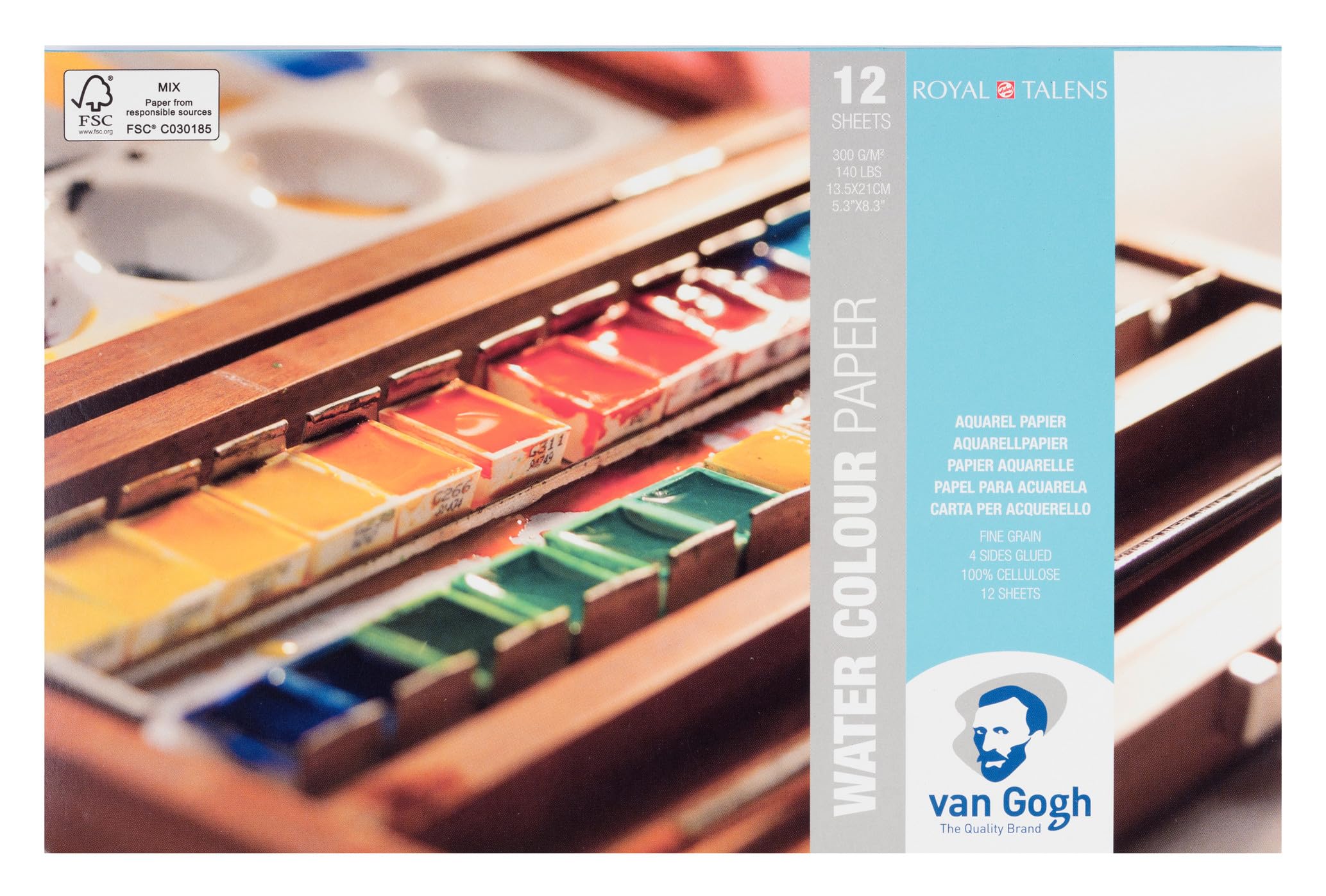 Van Gogh Watercolour Paper Block, 140lb., White Paper, 12 Sheets, 5.3" x 8.3"