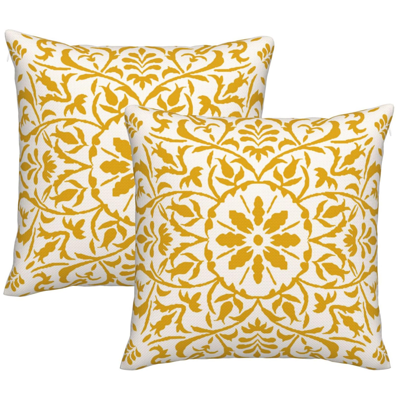 DILOXNSU Set of 2 Yellow Boho Cushion Cover 45 x 45 Bohemian Geometric Modern Decor Square Linen Pillow Case for Sofa Bed Couch Outdoor Cushions Covers 18 x 18 Inch