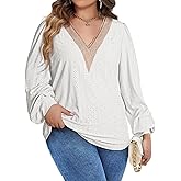 Eytino Womens Plus Size Tops Lantern Long Sleeve Lace V Neck Dressy Casual Blouse Loose Tunic Shirts(1X-5X)