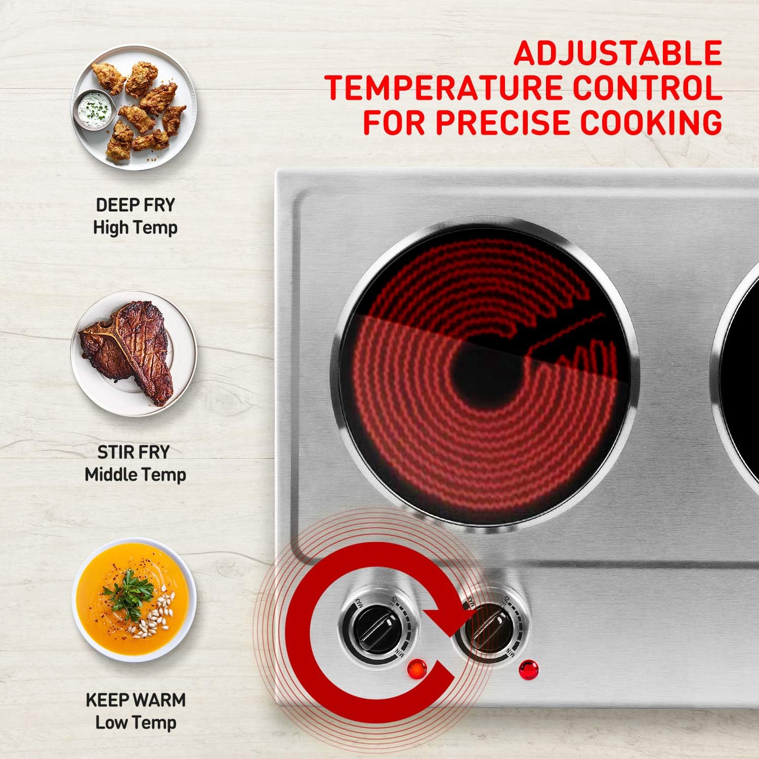 Cusimax Hot Plate, 1800W Ceramic Electric Double Burner for Cooking, Infrared Cooktop, Glass Electric Stove with Adjustable Temperature & Non-Slip Rubber Feet, Stainless Steel Upgraded Version, Compatible w/All Cookware: Kitchen & Dining