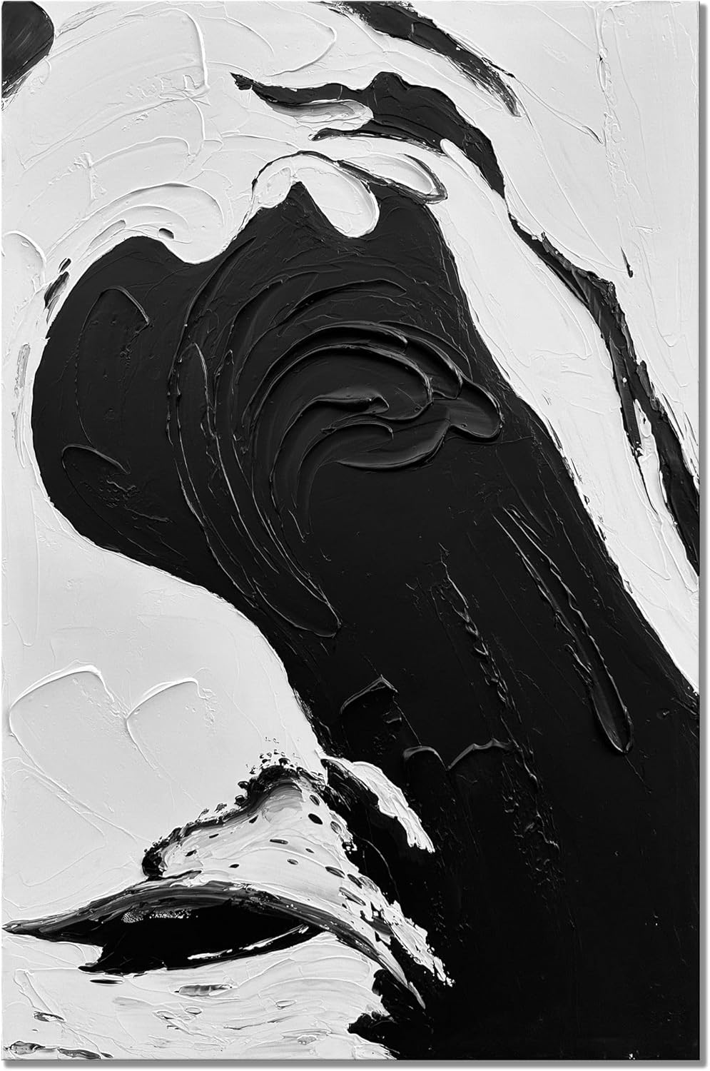 Paintings - zoinart Black and White Abstract Canvas Wall Art, Pure Hand Painting Minimalist Large Wall Art 30x45 Inches Modern Oil Painting Wall Decor Home Decorations Texture Contemporary Wall Art