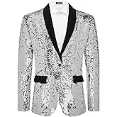 Men's 70s Disco Shiny Sequin Blazer Jacket for Weddings Prom & NightclubsSparkling Metallic Tuxedo Coat with Stretch Fabric