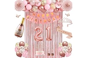 JUESLY 21st Birthday Decorations for Her, Rose Gold Happy 21st Birthday Decorations for Girls, 21 Sash and Crown, Banner, Fringe Curtains, Hanging Paper Fans, 21 Year Old Party Supplies Set
