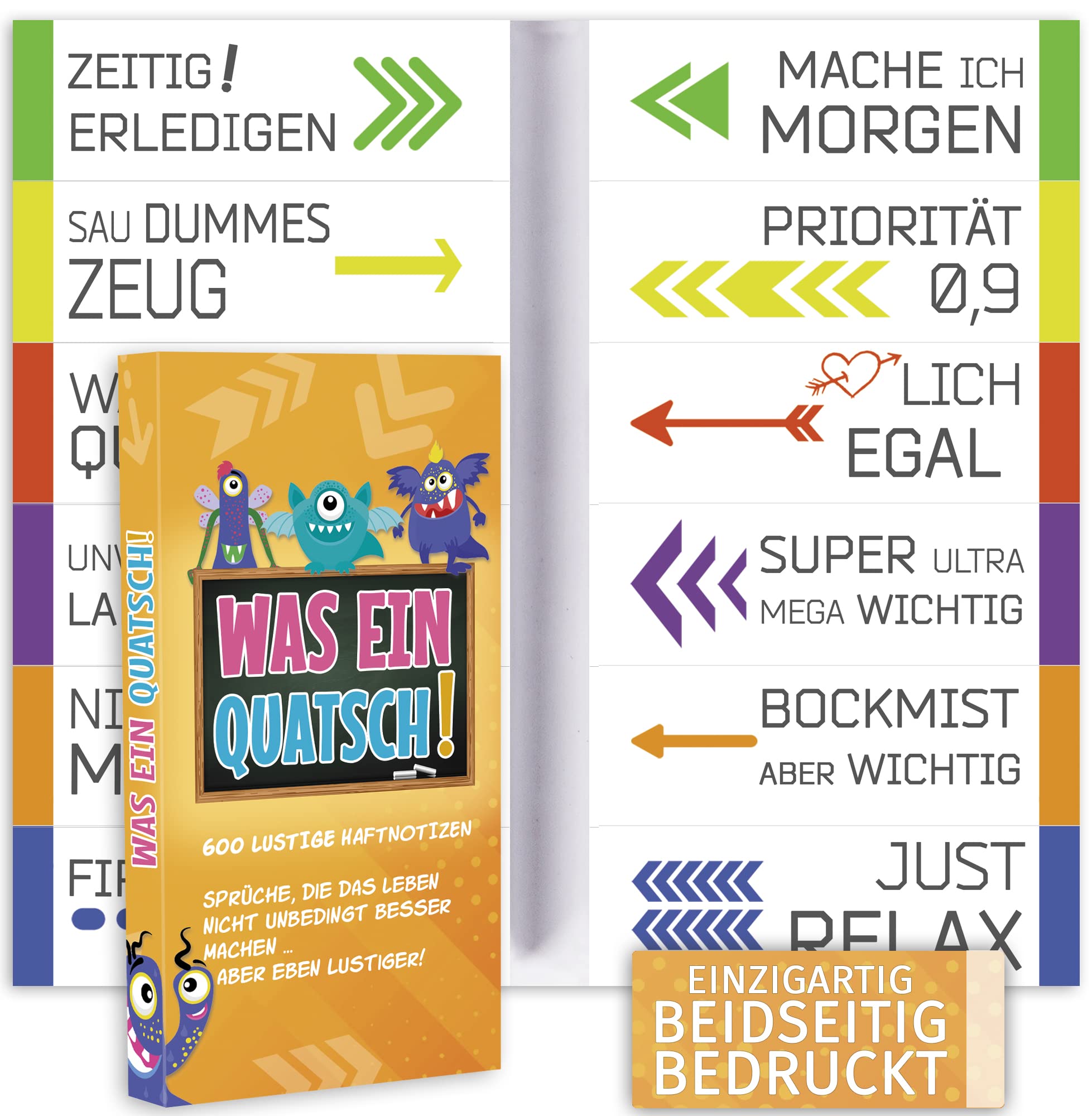 600 funny sticky notes (12 x 50 sheets) | Sticky note set with various funny sayings for university, school, office or shared flat | Colorful sticky notes for learning and marking | Gift idea for