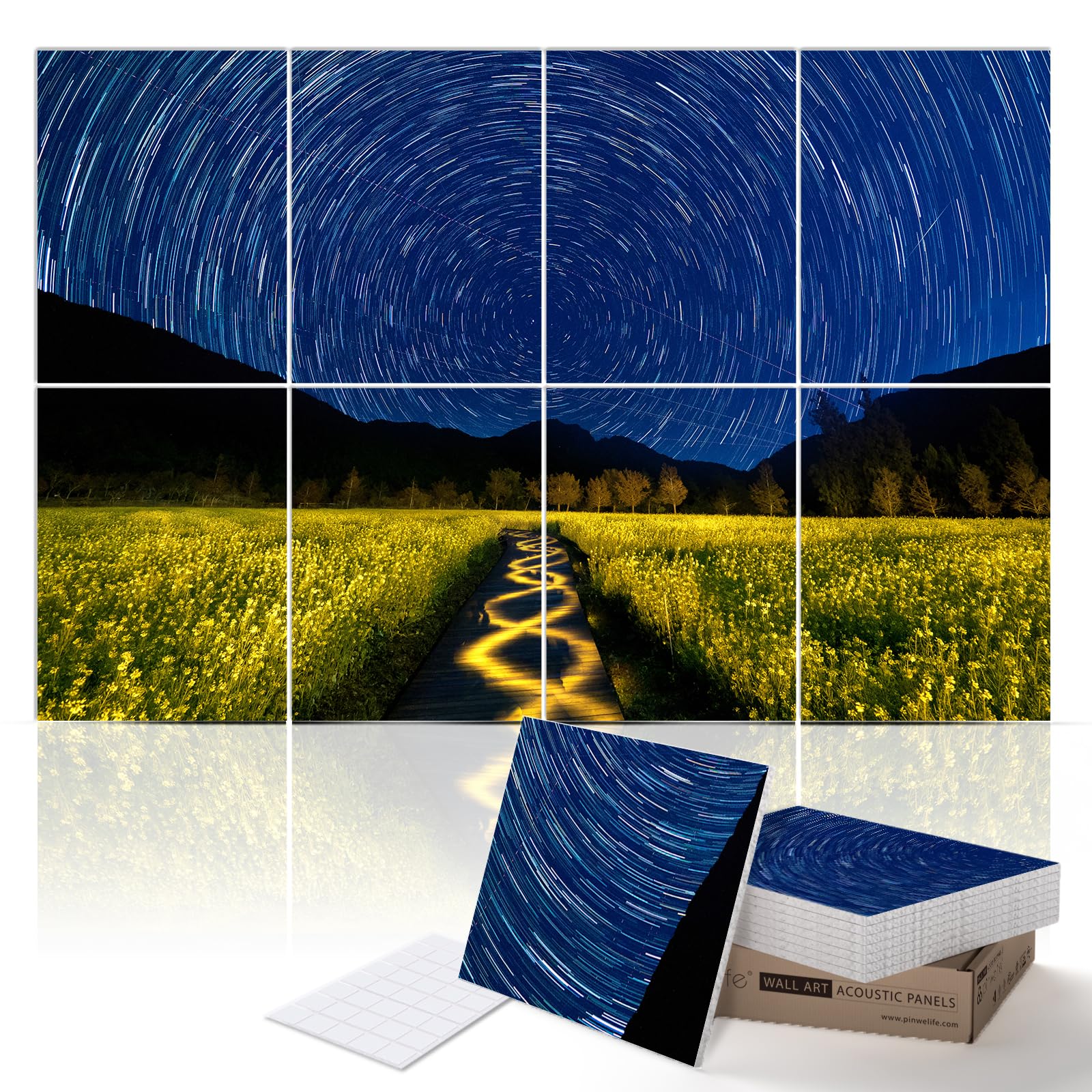 PINWELIFE® Wall Art Acoustic Panels, Sound Proof Absorbing Panels for Home/Office, Decorative Absorbing Dampening, Noise and Echo Cancelling, 120x80cm (Star Trails)