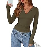 BTFBM Long Sleeve Shirts for Women 2025 Fall Fashion V Neck Knit Ruched Slim Fit Casual Basic Tees Going Out Tops Y2k