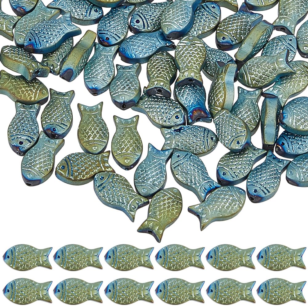 SUNNYCLUE 1 Box 100Pcs Fish Beads Bulk Glass Fish Beads Small Fish Charms Double Sided Blue Fishes Beads Electroplated Frosted Summer Sea Animals Loose Spacer Beads for jewellery Making Beading Kits