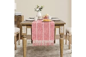 ZeeMart Farmhouse Table Runner, Rustic Table Runners 90 Inches Long, Linen Boho Table Runner, Braided Striped Red Table Runner for Dining Party Holiday, 15x90 Inches, Braided Red