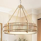 KLJCJF 21.5'' Gold Rattan Chandelier Light Fixture, 5-Light Hand Woven Boho Rattan Chandeliers with Fabric Shade, Rustic Drum