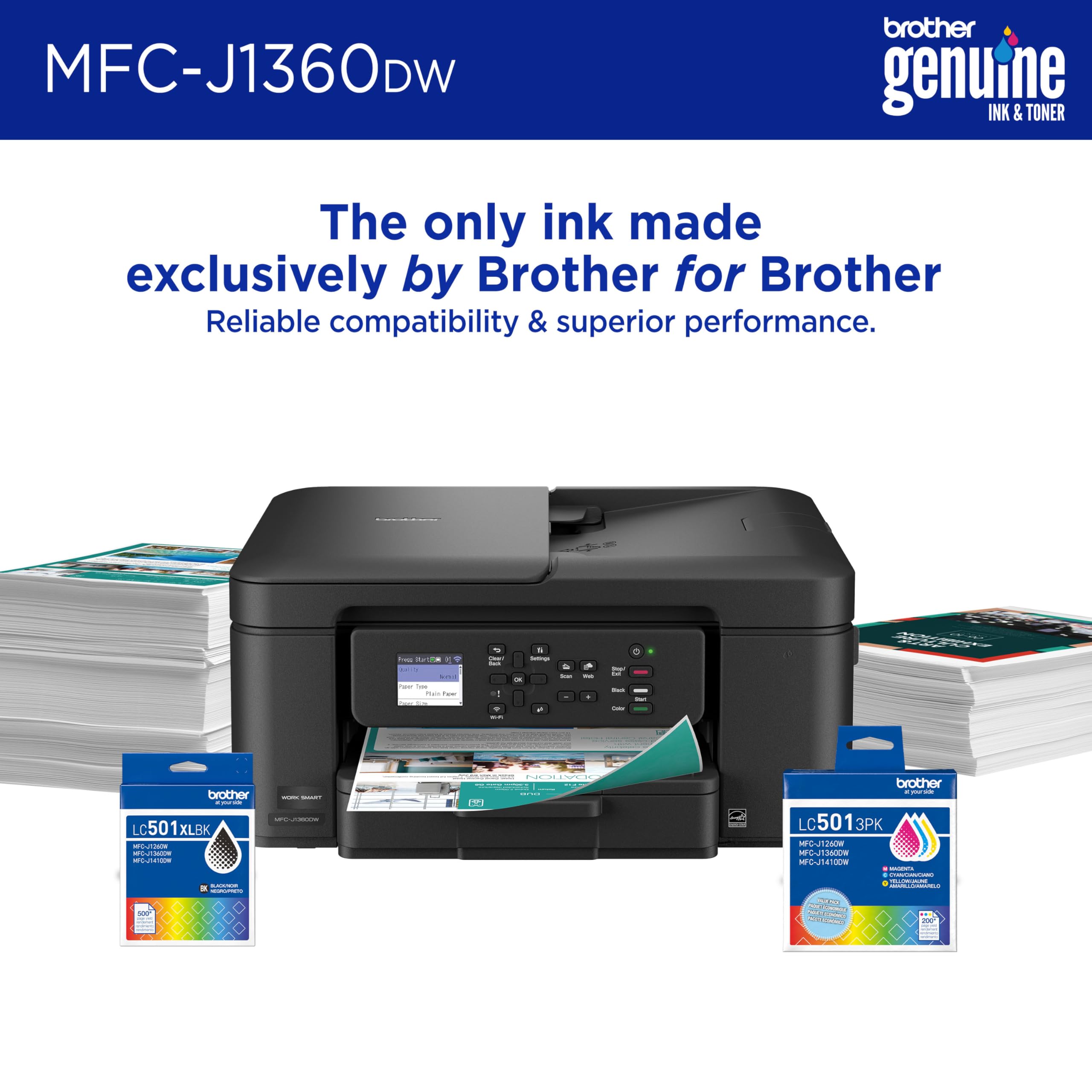 Brother Work Smart 1360 Wireless Color Inkjet All-in-One Printer with Automatic Duplex Printing and 1.8” Color Display | Includes Refresh Subscription Trial(1) (MFC-J1360DW) (Uses LC501 Series Inks)