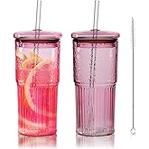 Joeyan 22 oz Pink Glass Tumbler with Straw and Lid for Iced Tea Coffee Smoothie Water Juice Beverages Soda,Ribbed Glasses Cups,Borosilicate Drinking Jar,Set of 2,Dishwasher Safe