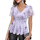 Lotusmile Womens Peplum Tops Dressy Casual Petal Sleeve Mesh Elegant Wrap Blouses for Women Work Night Out Party