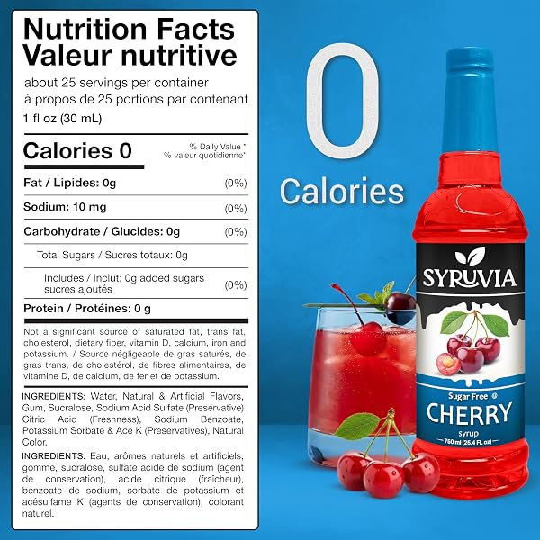 SYRUVIA SUGAR-FREE CHERRY SYRUP, FLAVORED SYRUP FOR DRINKS, COCKTAILS, LEMONADES, ICED TEAS, AND DESSERTS – 25.4 FL OZ