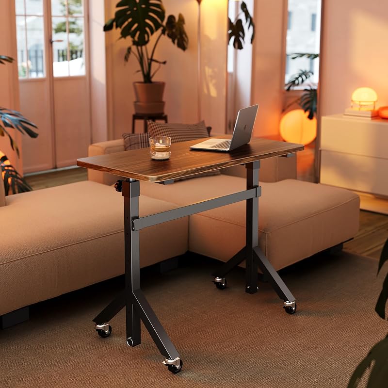 Bureau Debout réglable en Hauteur, 6 hauteurs jusqu'à 118 cm, 80 x 40 cm, Petit Bureau Mobile avec Pieds triangulaires, mobilité Fluide avec roulettes verrouillables, Table pour Ordinateur