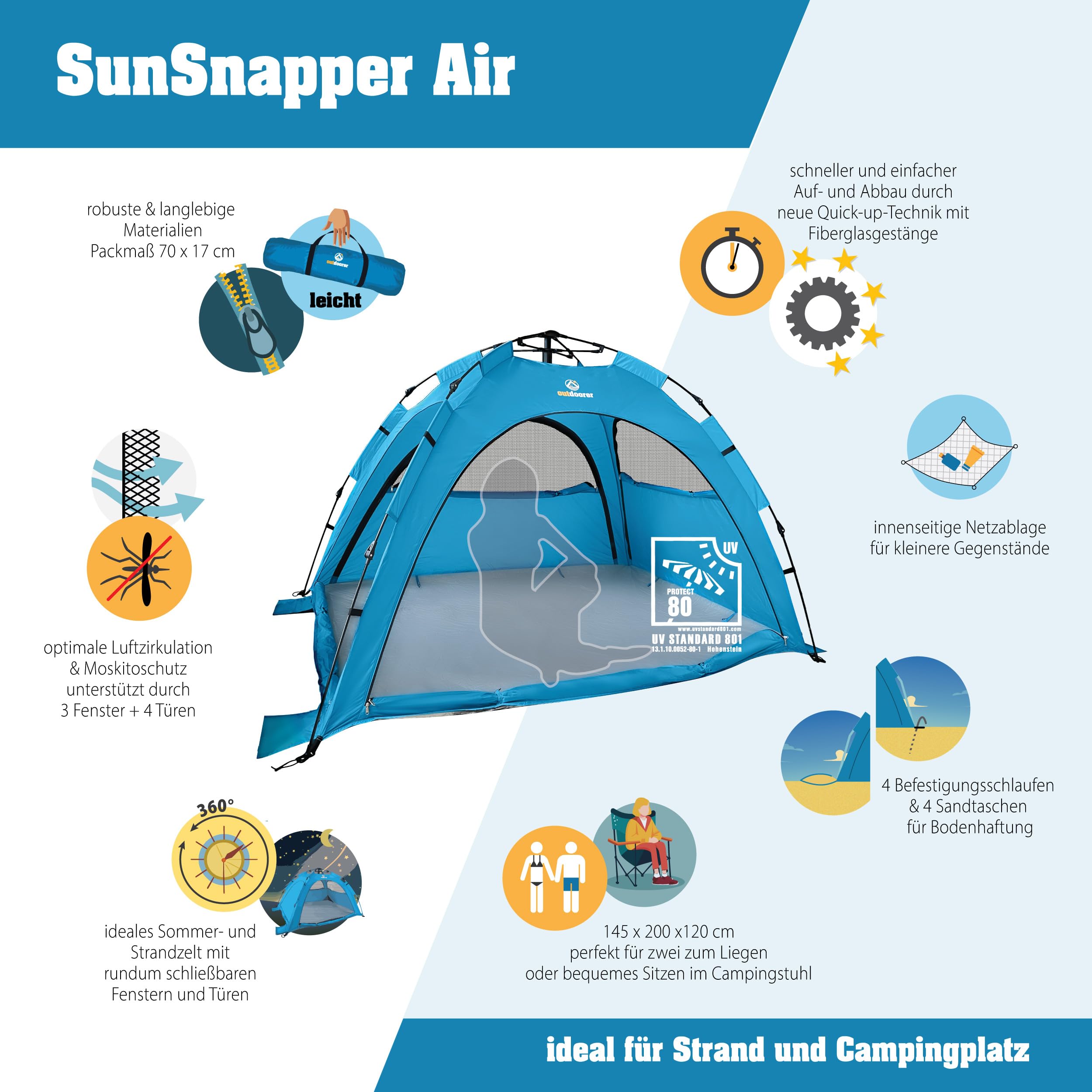 outdoorer Sun Snapper Air - UV 80 Quick-up-Strandmuschel mit 4 Türen und 3 Fenster, Schnellaufbau BZW. Automatik-Strandzelt, verschließbar, mit UV-Schutz 80, Sichtschutz und Insektenschutz 4