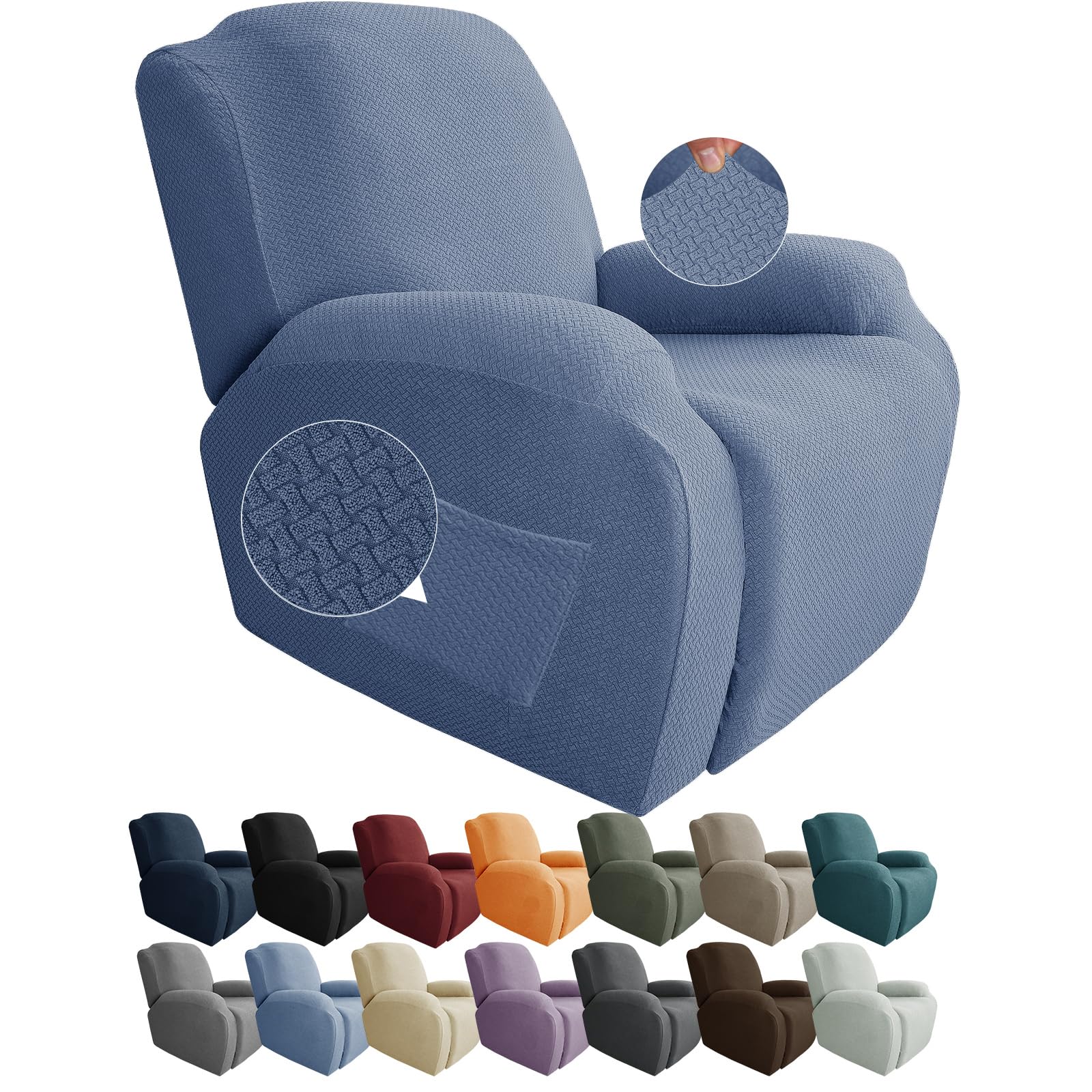 Photo 1 of JIVINER 4-Piece Recliner Chair Covers Stretch Jacquard Covers for Reclining Chair Recliner Slipcovers for Living Room Soft Recliner Protector with Pocket (Recliner, Light Blue)