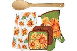 LUTI 5 Pieces Home Sunflowers Kitchen Set - 2 Pot Holders - 1 Oven Mitt - 1 Kitchen Towel - 1 Bamboo Spoon - Party Gift Supply Cooking Baking Set