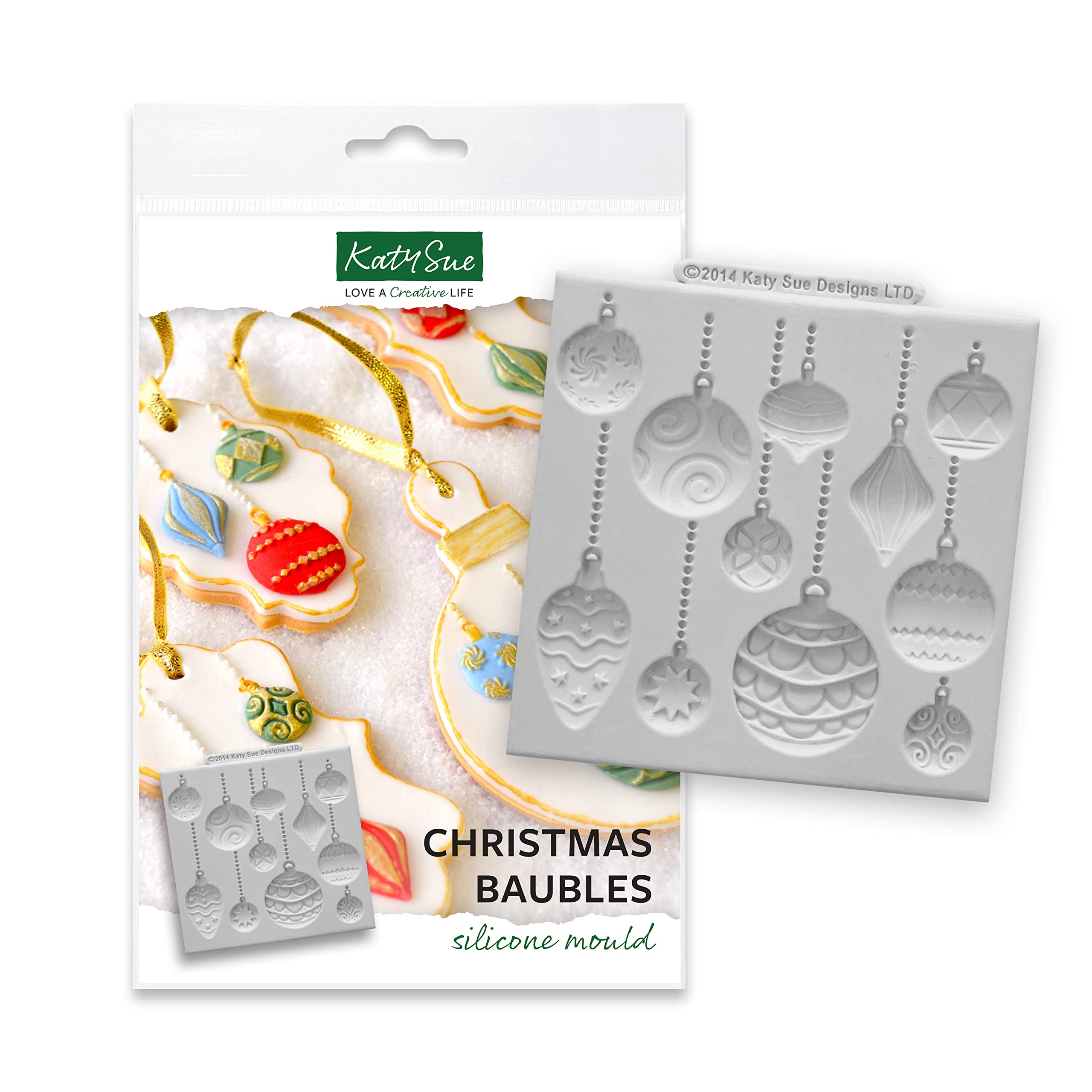 Katy Sue Christmas Baubles Silicone Mould for Christmas Cake Decorating, Cookie Decorating & Craft. Use with Fondant or Air Dry Clay from Katy Sue Moulds. Baubles Range from 32 to 20 Millimetres