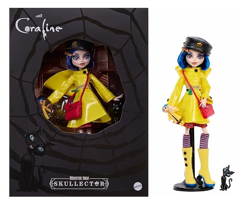 Monster High Skullector Doll, Coraline Collectible in Yellow Raincoat with Dress and Accessories Like Rag Doll, Cat Figure, and Doll Stand