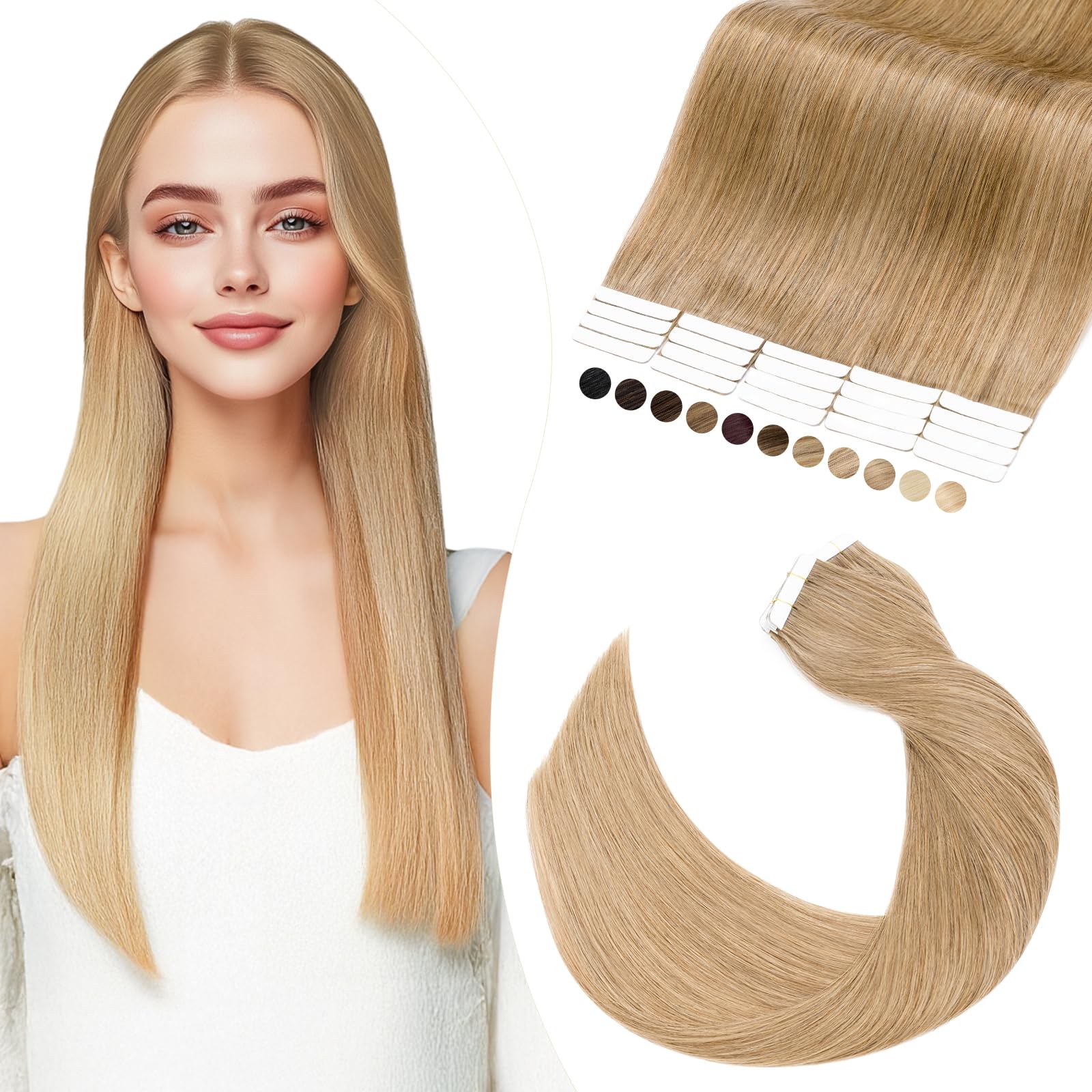Elailite Tape in Hair Extensions Human Hair Thin Type 1.5g/pcs - 20Pcs 100% Real Natural Remy Hair Skin Weft Extension (#27 Dark Blonde, 22 inches) — image 1