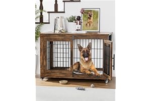 YaFiti Dog Crate Furniture with Cushion, Large Wooden Dog Kennel with Double Doors, Heavy Duty Dog Cage End Table with Wheels, Dog House Indoor for Medium Large Dogs up to 70 lb, 38.5” L, Rustic Brown