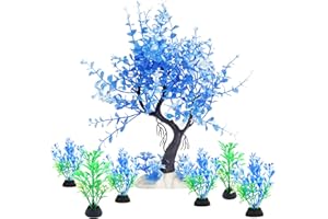 Vtapliea Aquarium Fish Tank Decorations, Blue Plastic Tree with 6 Pack Small Artificial Aquarium Plants Set for Betta Fish Tank Decor