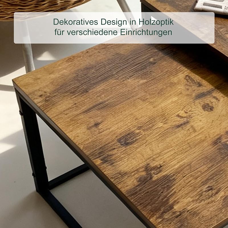 Satztisch 2er Set, Industrial Design, 65 cm & 75 cm, Holzoptik & Metall, eckige Beistelltische, braun/schwarz