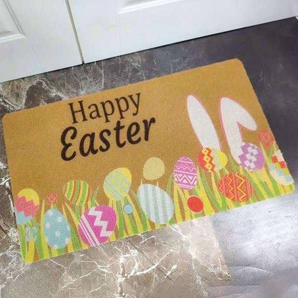 IZUS SPRING HAPPY-EASTER WELCOME-DOORMATS NON-SLIP-COIR OUTDOOR-ENTRANCE-DECOR – FRONT-DOOR-MAT INDOOR HOME PORCH COLORFUL-EGGS/BUNNY-EARS/TULIPS-FLORAL DECOR 17X29INCH