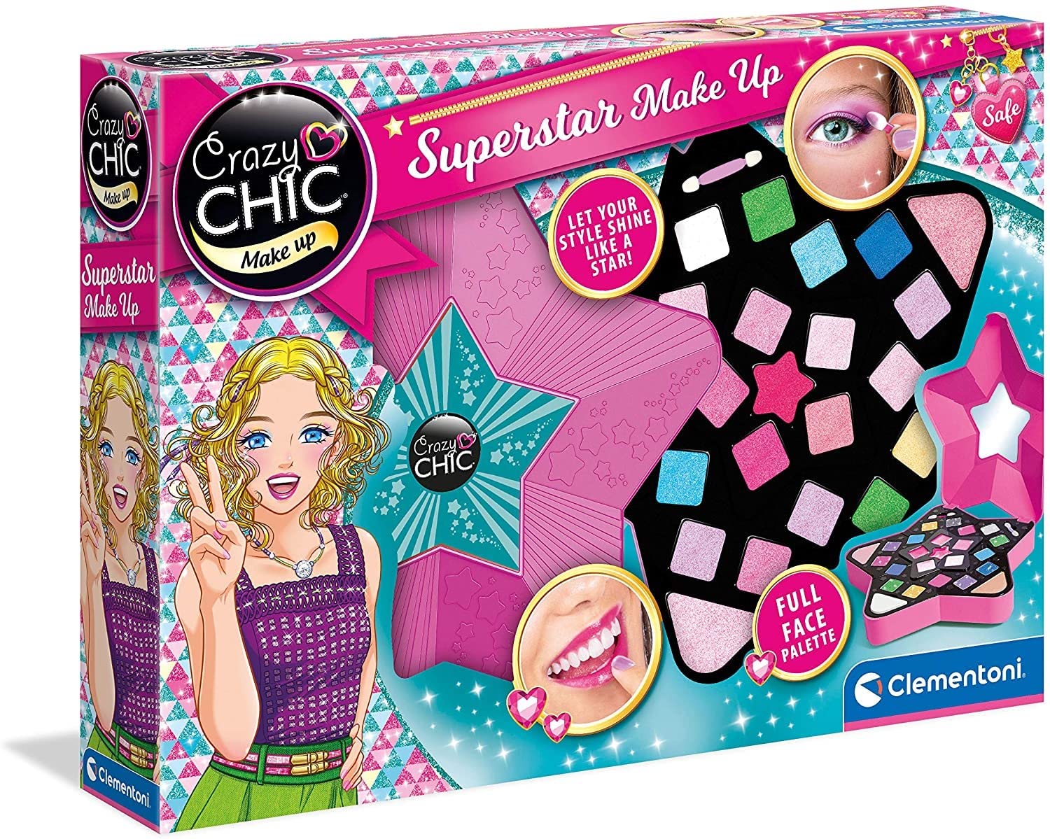 Clementoni- Crazy Chic: Superstar Make Up Set for Kids, Fun & Safe Play, Sparkly Star-Shaped Bag, Includes Accessories (6+ Years)