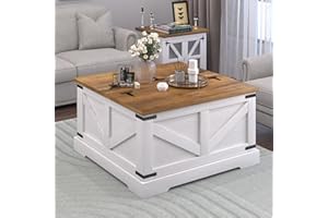 REVOMINCA Farmhouse Coffee Table with Hidden Storage Compartment, White Square Coffee Table for Living Room, Wood Center Table with Hinged Lifting Tabletop for Home