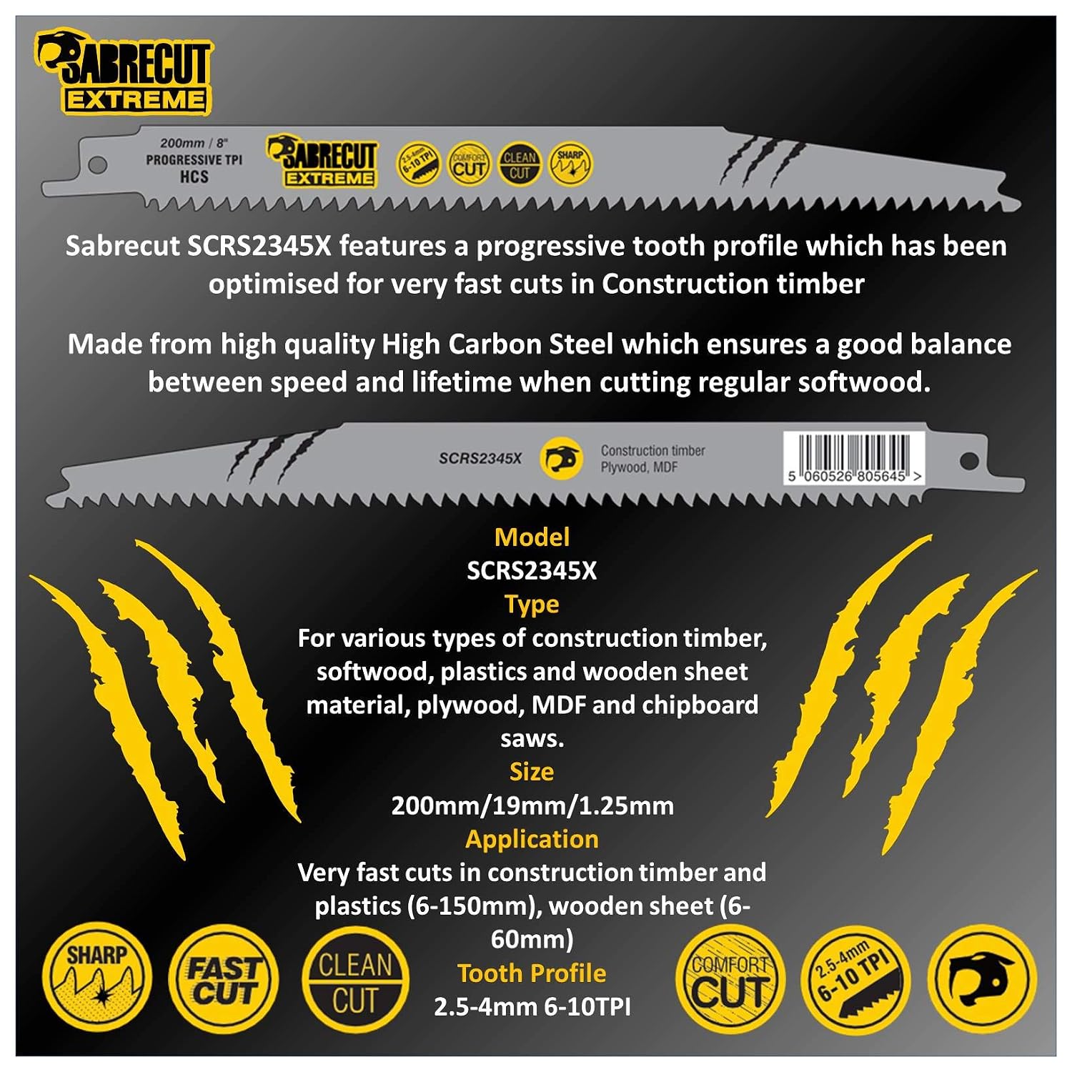 3 x SabreCut SCRS2345X_3 200mm 6-10 TPI S2345X Very Fast Wood Cutting Reciprocating Sabre Saw Blades, Silver - Image 4