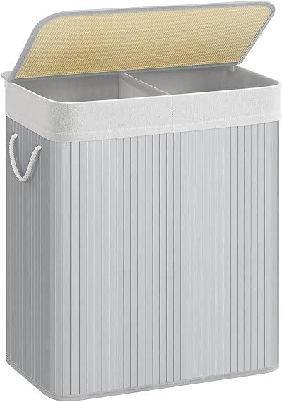 SONGMICS Bamboo Laundry Basket with Lid 2 Sorting Compartments 100L Grey