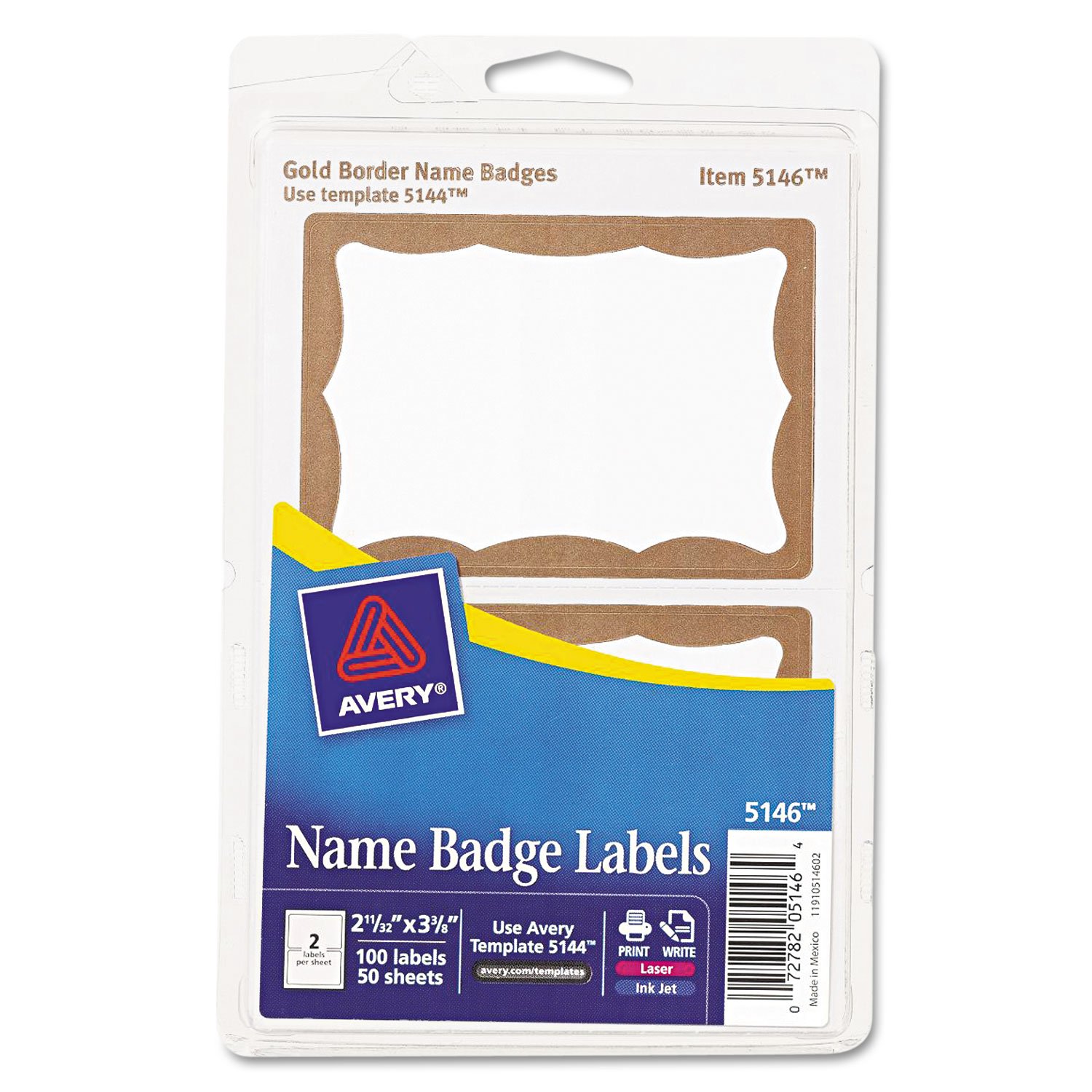 Photo 1 of Avery 5146 Name Badge Labels, 2-11/32-Inch x3-3/8-Inch, 100/PK, Gold Border