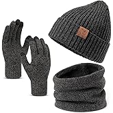 OZERO 3 Pcs Winter Hat Scarf Gloves Set for Women Men: Touchscreen Gloves Knit Beanie Neck Warmer Set Warm Polar Fleece Lined