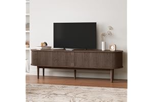 LINSY HOME 70" Fluted TV Stand for TVs up to 80 Inch, Mid Century Modern Entertainment Center with Storage Cabinet and Sliding Doors, Farmhouse Wood Media TV Console for Living Room, Bedroom, Walnut