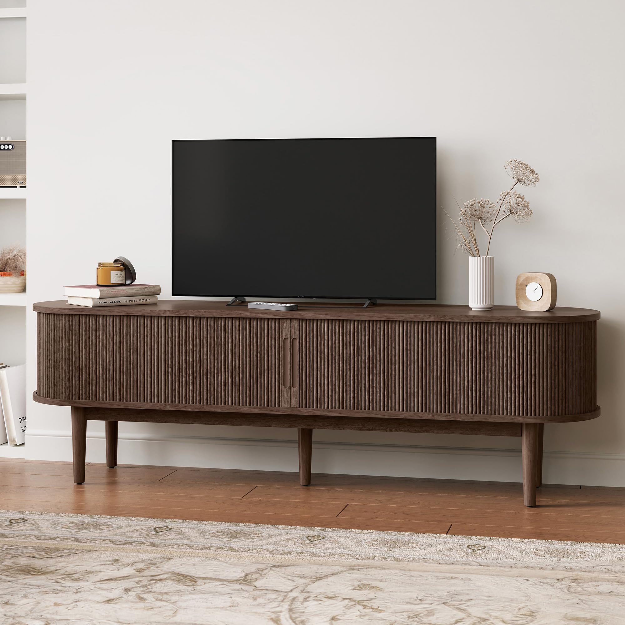 Photo 1 of ***SEE NOTES***LINSY HOME 70" Fluted TV Stand for TVs up to 80 Inch, Mid Century Modern Entertainment Center with Storage Cabinet and Sliding Doors, Farmhouse Wood Media TV Console for Living Room, Bedroom, Walnut