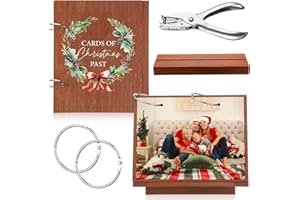 Thyle Christmas Card Keeper Set Christmas Card Photo Album Wooden Xmas Greeting Holder Organizer with Stand Hole Punch Binder Postcards Storage Keepsake Book for Holiday Gift(Xmas Wreath)