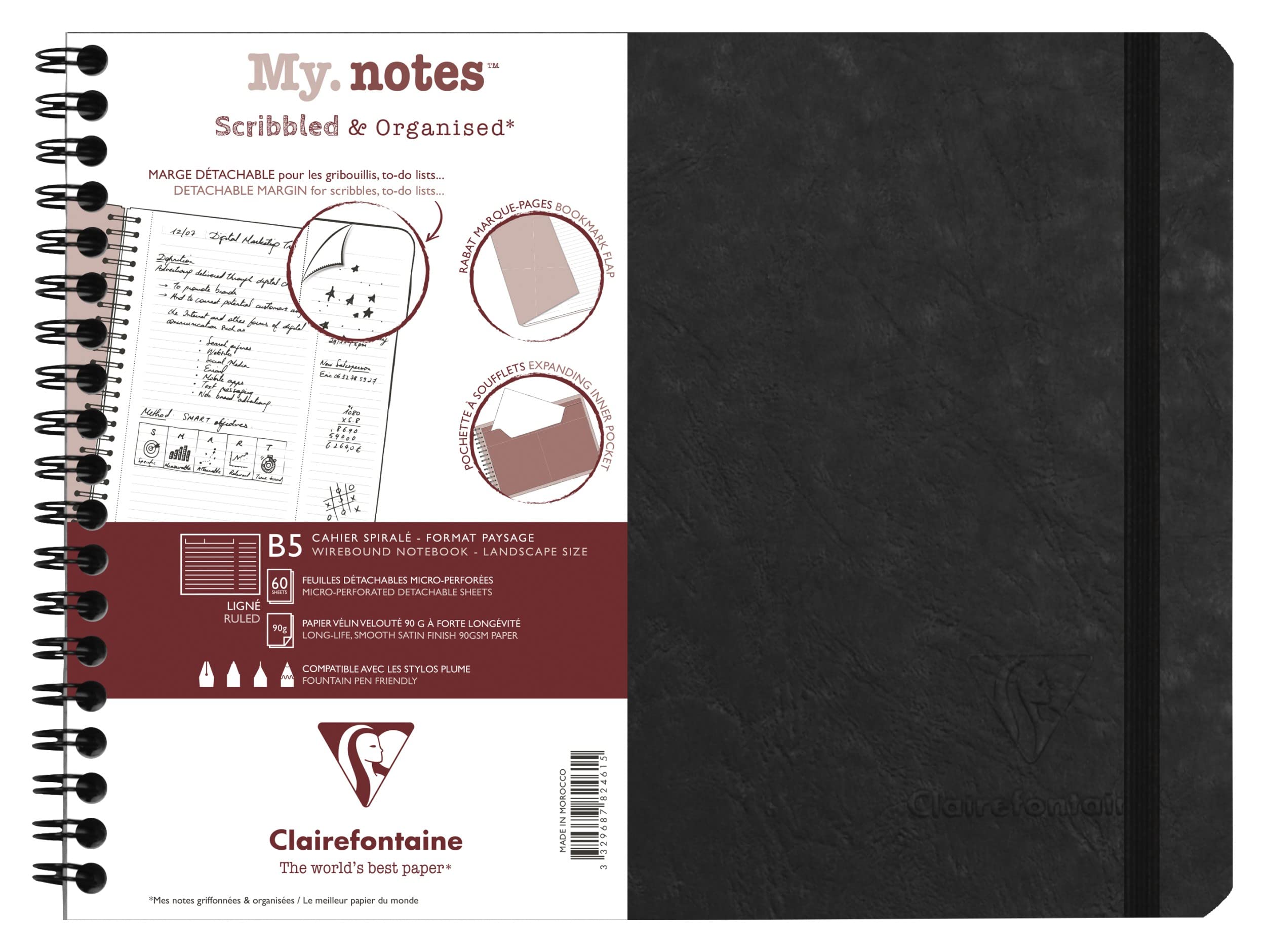 Clairefontaine 782461C Age Bag MyNotes Black Spiral Notebook w/ Margins - B5 25x19cm - 120 Ruled Detachable Pages - 90gsm White Paper - Grain Leather Cover