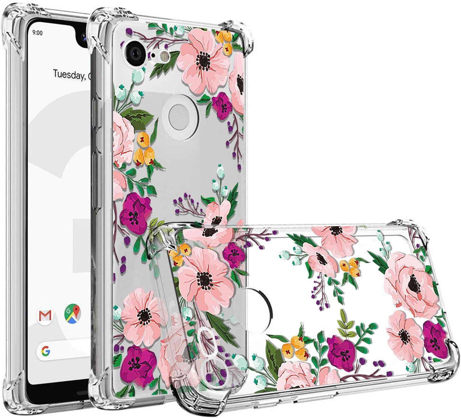 RXKEJI Google Pixel 3a XL Case Clear Cute Girls Floral Design TPU Soft Slim Flexible Silicone Cover Phone Case for Google Pixel 3a XL (2019) - Flower Pink