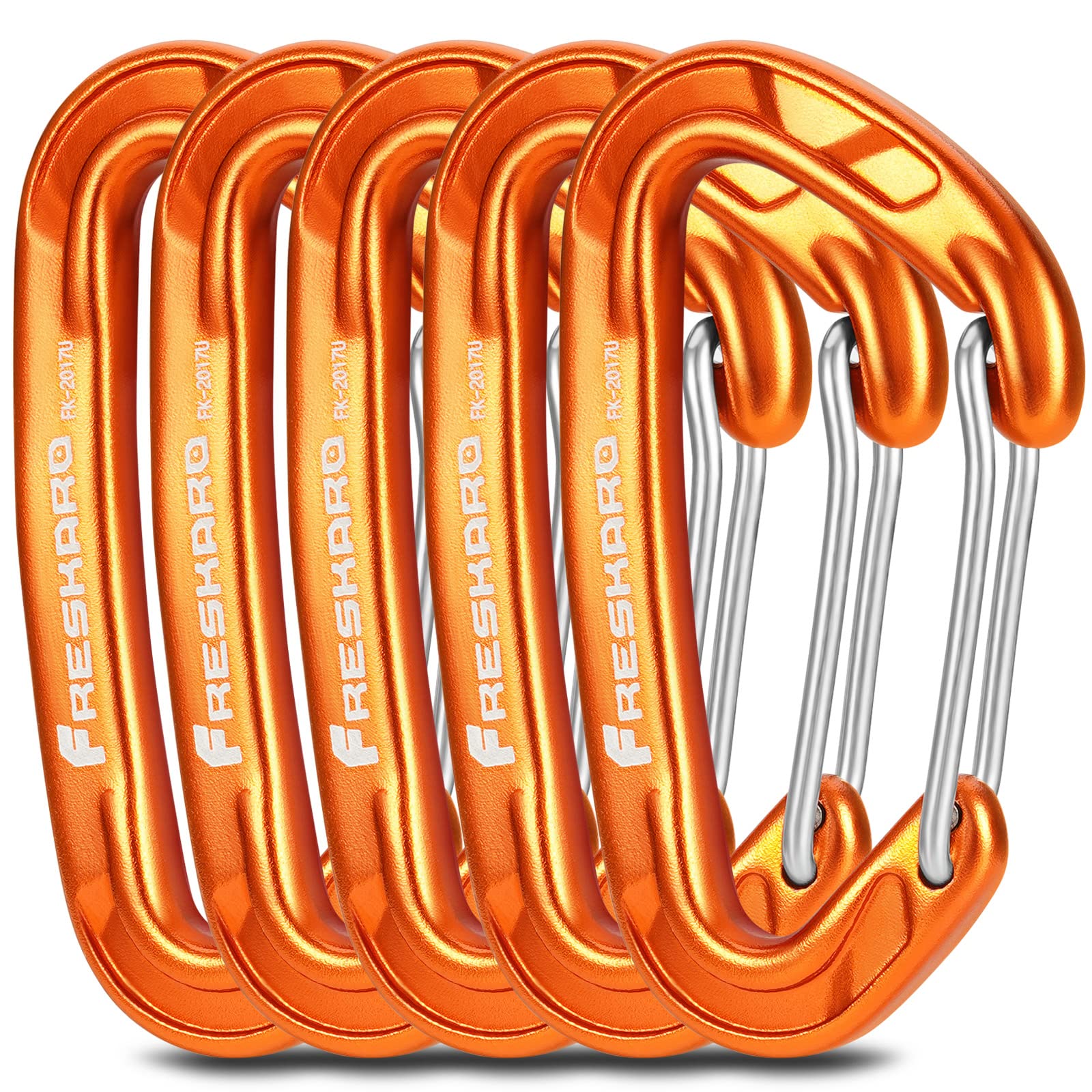 FresKaro 5pcs Carabiner Clips, caribeener clip Heavy Duty, Small Sturdy Key Keychain Accessory, Spring Snap Wire-gate Hook, 8kN 816kg, for Hiking, Camping, Fishing, Not for Climbing, Mini Size, Orange