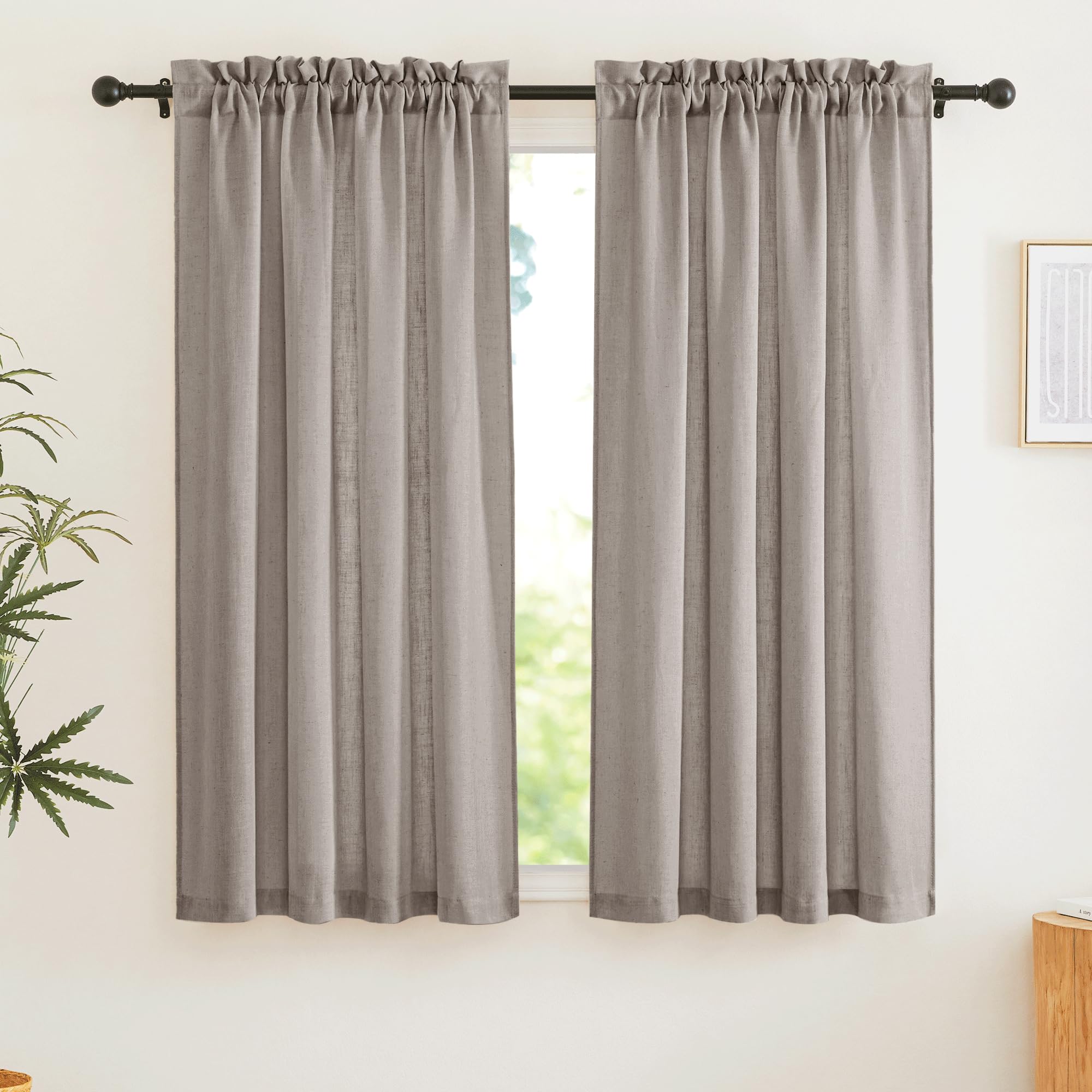 Photo 1 of RYB HOME Privacy Sheer Curtains - Dual Rod Pocket Semi Sheer Drapes for Living Room, Linen Semi-Translucent Curtains for Bedroom, Birch Brown, 52 Wide x 63 inches Long, 1 Pair