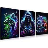 BGFCE Cool Gaming Canvas Wall Art Set of 3, Retro Video Game Watercolor Poster Pictures, Neon Gamepad Gamepad Painting Prints Game Room Bedroom Wall Decor 12x16 in Framed